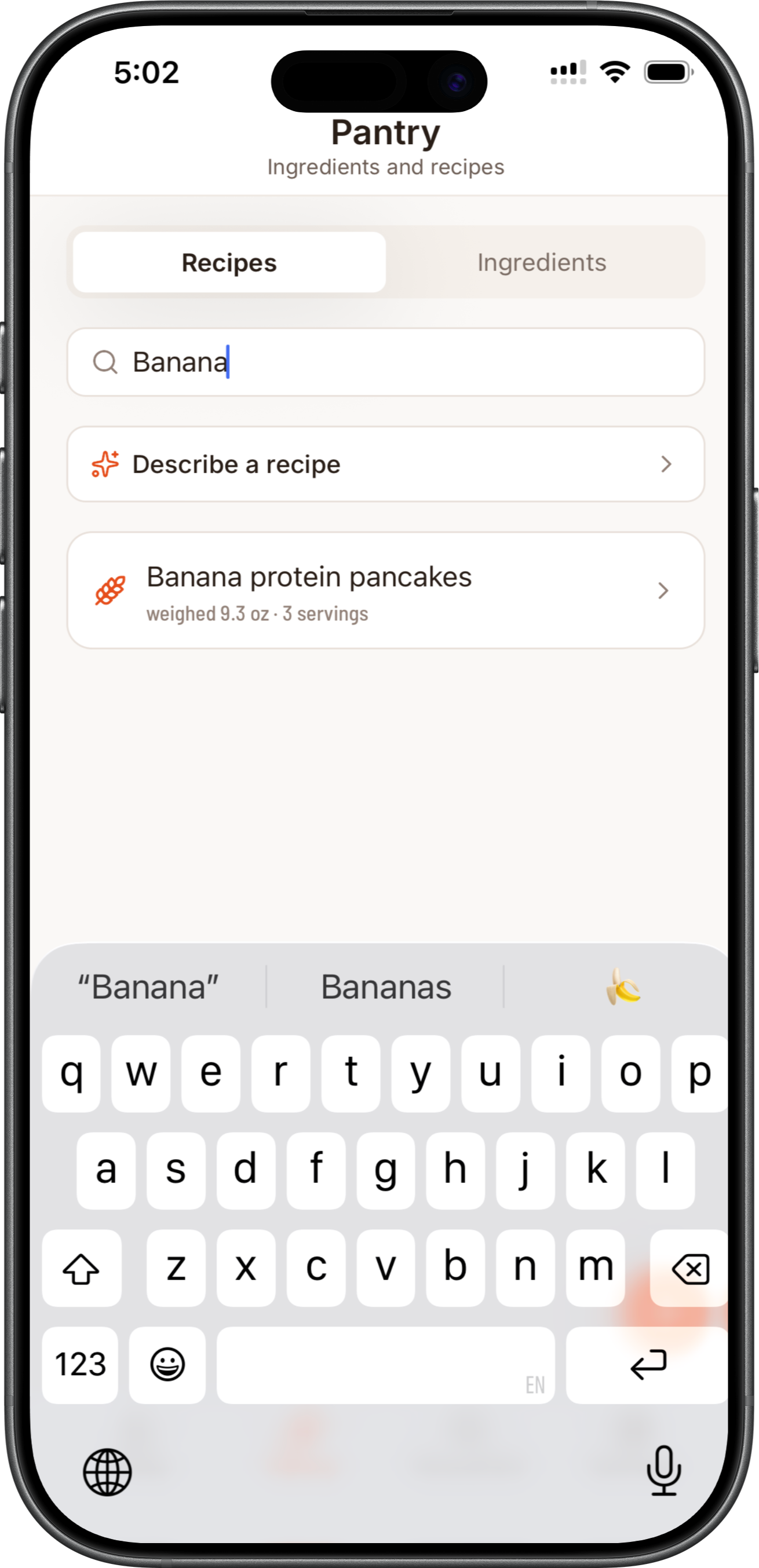 Portionary Pantry screen with saved recipes and a describe a recipe option in an iPhone frame.