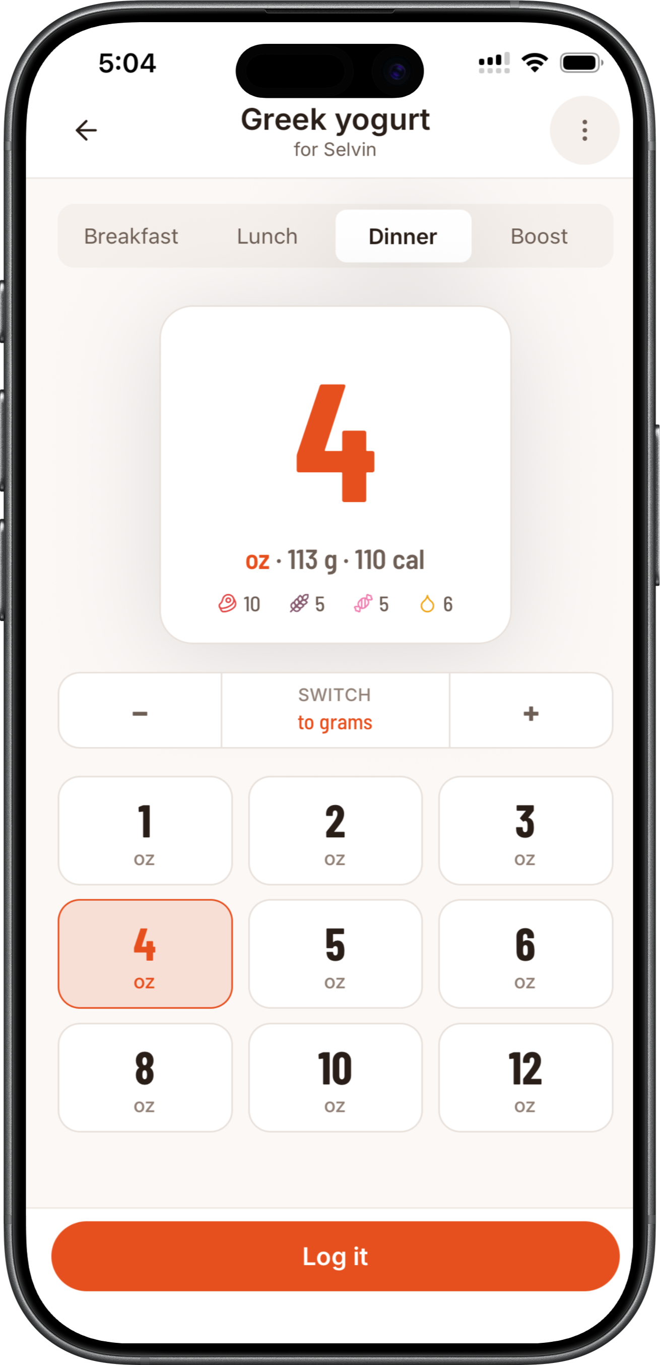 Portion picker logging Greek yogurt in ounces with live calories in an iPhone frame.