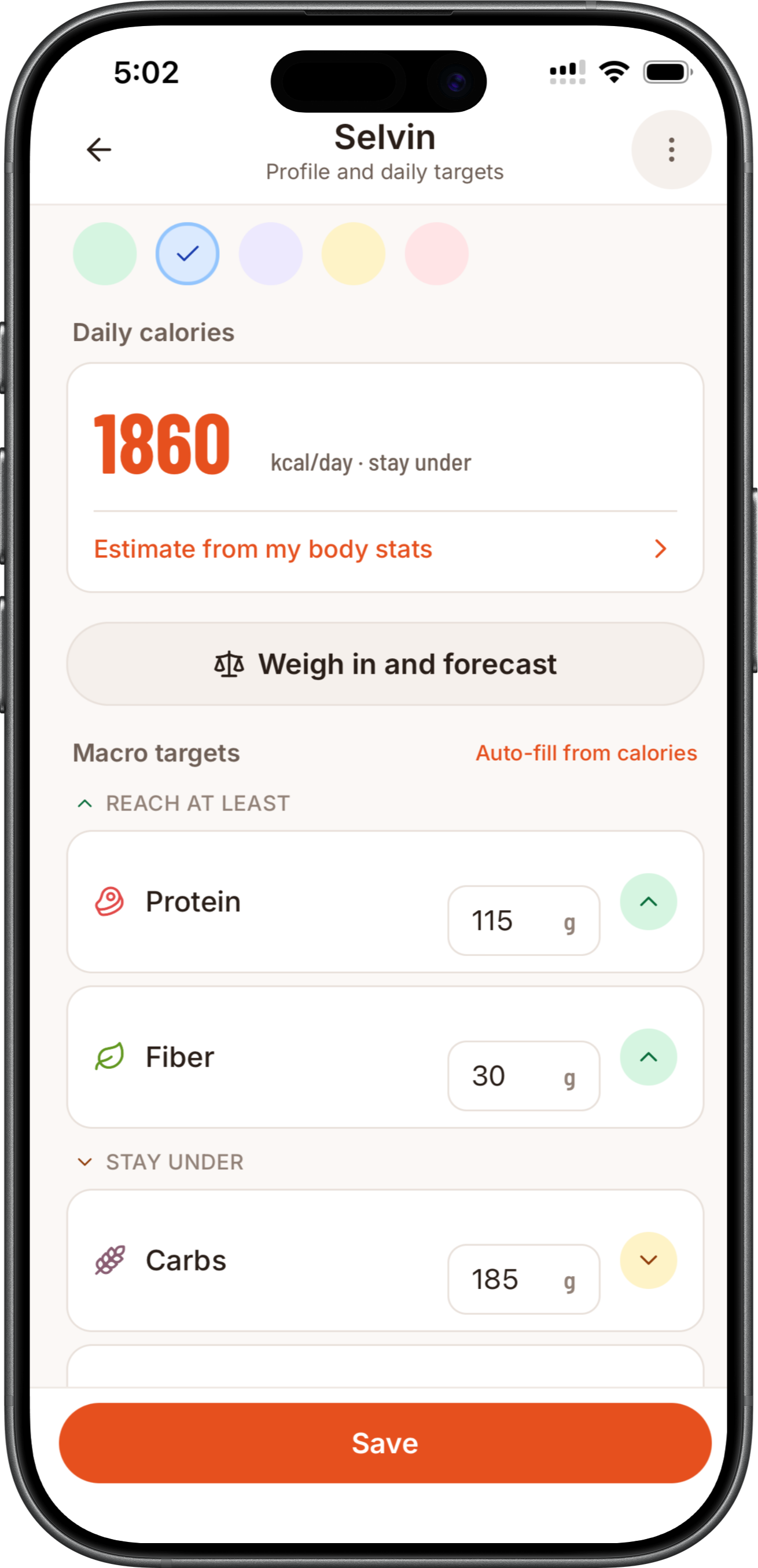 Profile screen with daily calories and macro targets in an iPhone frame.