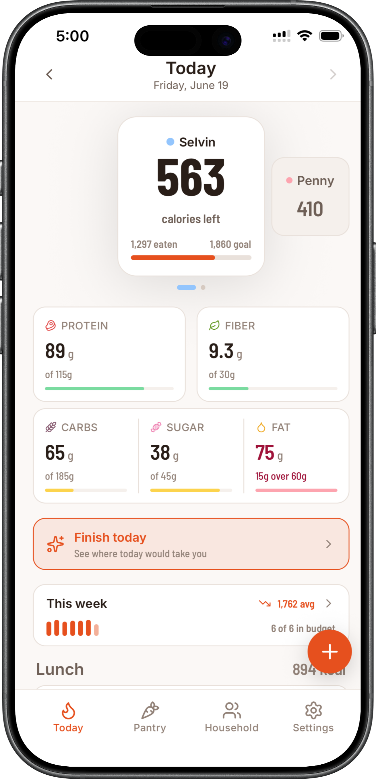Portionary Today screen showing calories left and macro budgets for Selvin and Penny in an iPhone frame.